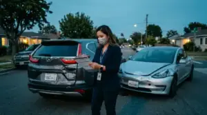 insurance adjuster inspecting two damaged modern vehicles